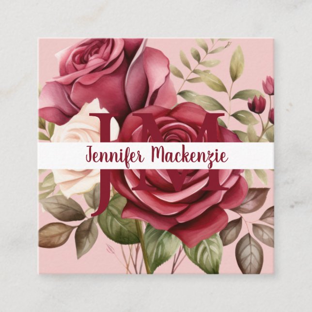 Girly Elegant Pink Burgundy Red Roses Square Business Card (Front)
