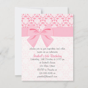 Girly Elegant Pink Damask Wrap Bow Birthday Party Invitation