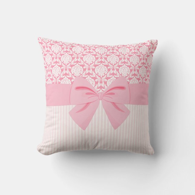 Girly Elegant Pink Damask Wrap Bow Cushion (Front)