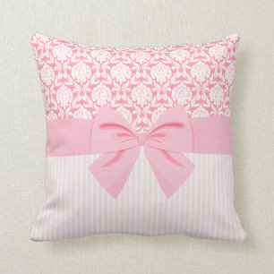 Girly Elegant Pink Damask Wrap Bow Cushion