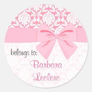 Girly Elegant Pink Damask Wrap Bow Personalised Classic Round Sticker