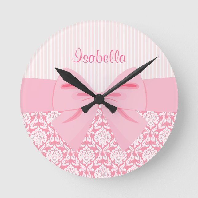 Girly Elegant Pink Damask Wrap Bow Personalised Round Clock (Front)