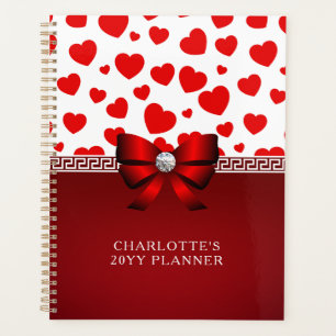 Girly Elegant Red Heart, Red Ribbon Custom Name  Planner