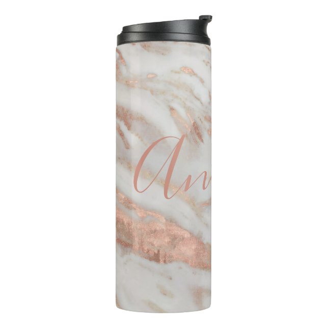 Girly elegant rose gold marble custom name script thermal tumbler (Rotated Left)