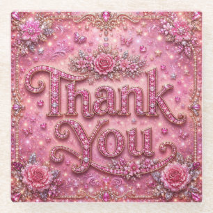 Girly Elegant Sparkly Blush Pink Rose Thank You Glass Coaster