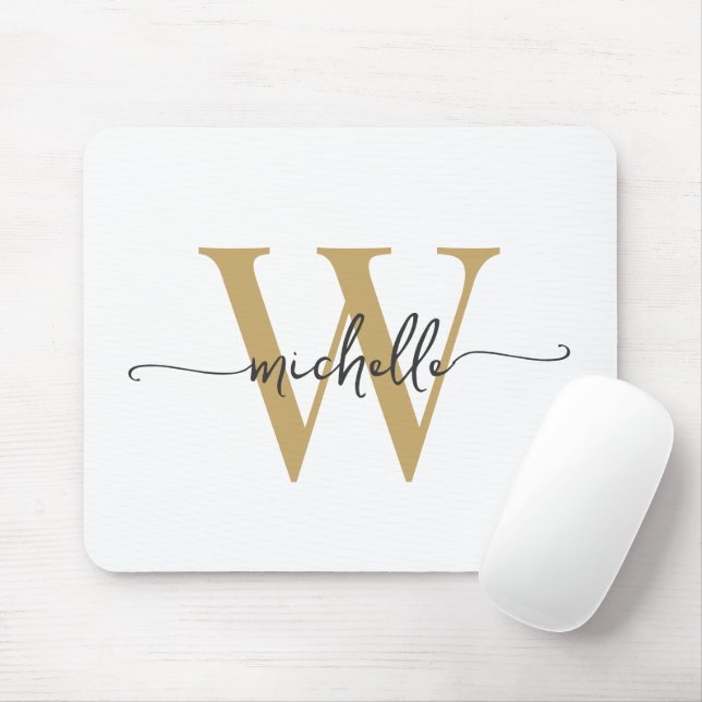 Girly Elegant White Gold Monogram Name Script Mouse Mat (With Mouse)