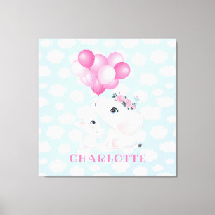 Girly Elephant And Bunny with Flowers and Balloon Canvas Print