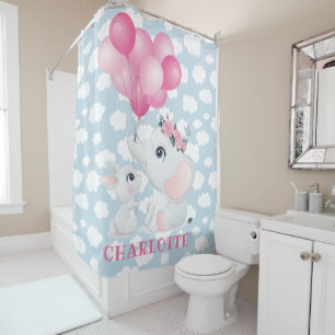 Girly Elephant And Bunny with Flowers and Balloon Shower Curtain