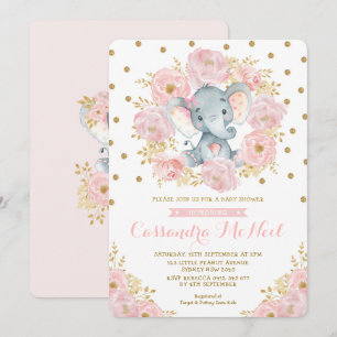 Girly Elephant Blush Pink Floral Baby Girl Shower Invitation