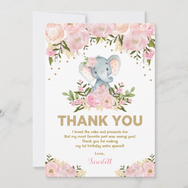 Girly Elephant Pastel Pink Floral 1st Birthday Thank You Card (Front)