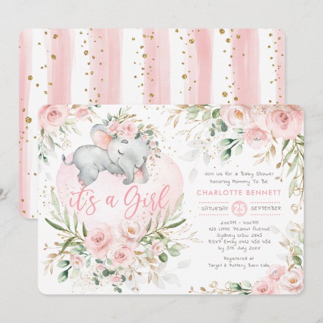 Girly Elephant Pink Blush Gold Flowers Baby Shower Invitation (Front/Back)