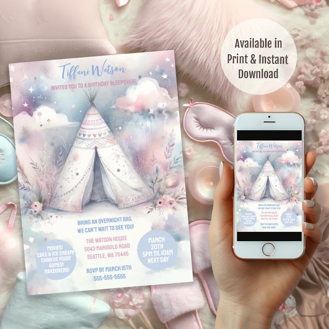 Girly Enchanted Teepee Sleepover Birthday Party Invitation (Creator Uploaded)