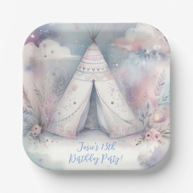 Girly Enchanted Teepee Sleepover Birthday Party Paper Plate (Front)