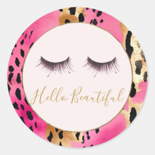 Girly Eyelashes Pink Glam Gold Leopard Classic Round Sticker