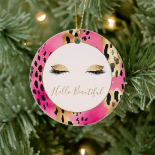 Girly Eyelashes Pink Glam Gold Sparkle Leopard Ceramic Tree Decoration