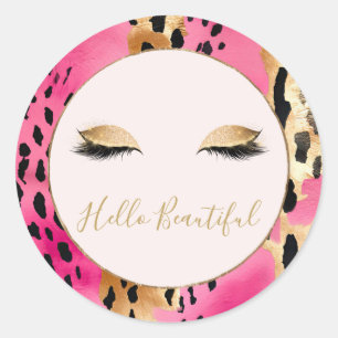 Girly Eyelashes Pink Glam Gold Sparkle Leopard Classic Round Sticker