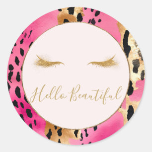 Girly Eyelashes Pink Glam Gold Sparkle Leopard Classic Round Sticker