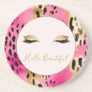 Girly Eyelashes Pink Glam Gold Sparkle Leopard Coaster