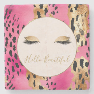 Girly Eyelashes Pink Glam Gold Sparkle Leopard Stone Coaster