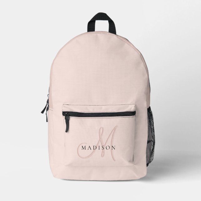 Girly Fancy Stylish Blush Pink Shadow Monogram Printed Backpack (Front)