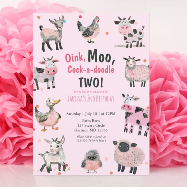 Girly Farm Animal Second Birthday Invitation (Creator Uploaded)