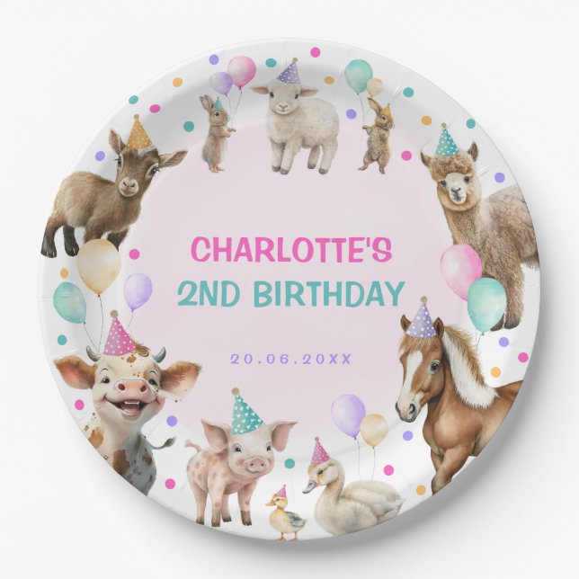 Girly Farm Barnyard Animals Confetti Birthday Girl Paper Plate (Front)