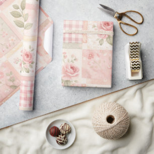 Girly Farmhouse Pastel Pink Quilt Patchwork Wrapping Paper