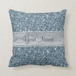 Girly Faux Blue Sequins Silver Foil Glitter Cushion