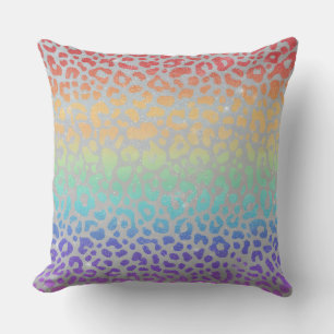 Girly Faux Glitter Rainbow Leopard Print Cushion