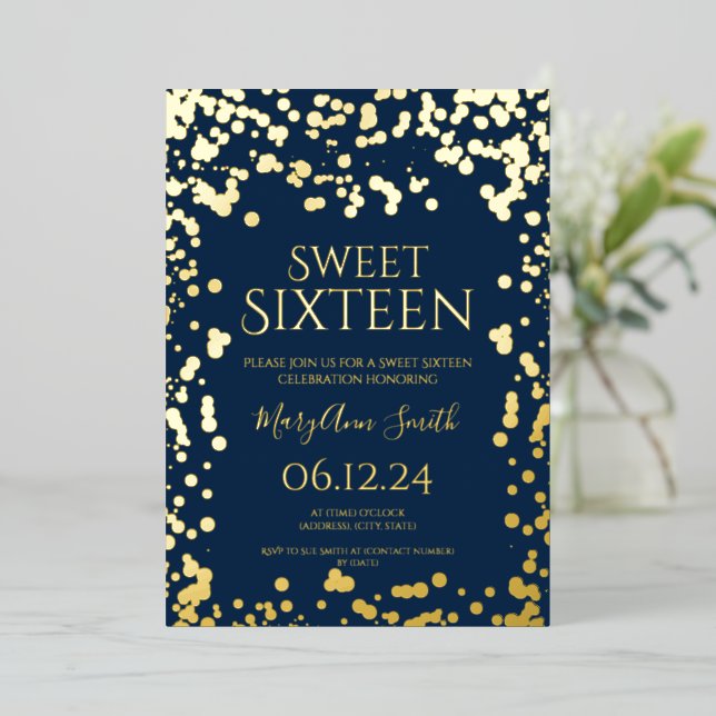 Girly Faux Gold Foil Confetti Sweet 16 Navy  (Standing Front)