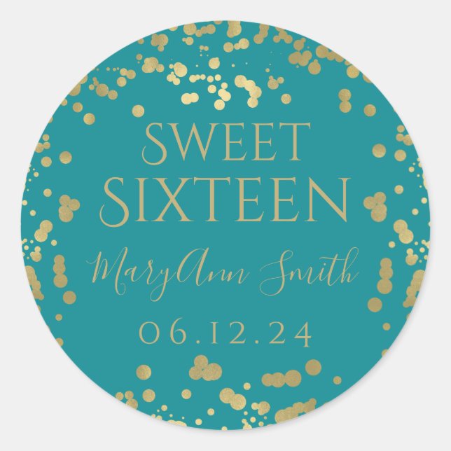 Girly Faux Gold Foil Confetti Sweet Sixteen Teal Classic Round Sticker (Front)