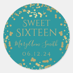 Girly Faux Gold Foil Confetti Sweet Sixteen Teal Classic Round Sticker