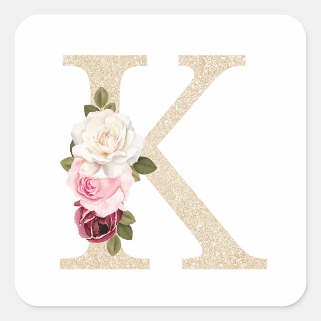 Girly Faux Gold glitter Floral Letter K Monogram Square Sticker (Front)