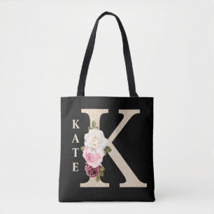 Girly Faux Gold glitter Floral Letter K Monogram Tote Bag