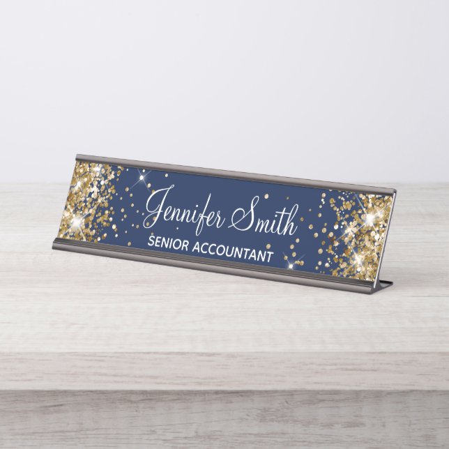 Girly Faux Gold Glitter Midnight Blue Desk Name Plate (Front)
