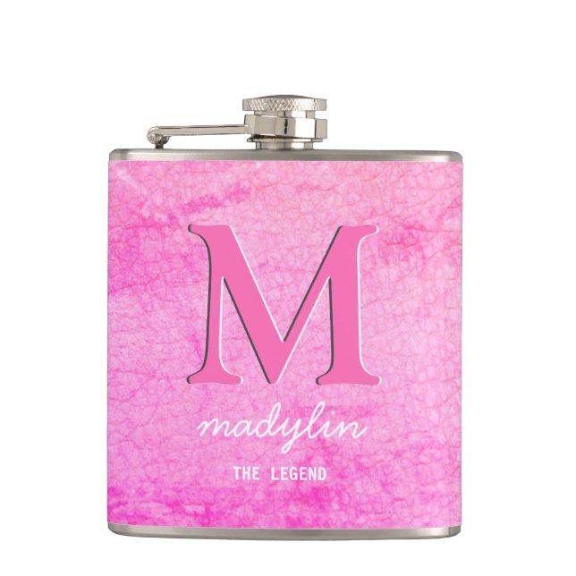 Girly Faux Leather Pink Monogram Name Hip Flask (Front)
