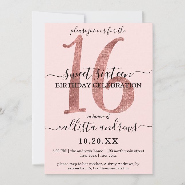 Girly Faux Rose Gold Blush Pink Glitter Sweet 16 Invitation (Front)