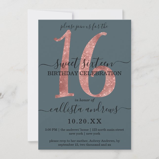 Girly Faux Rose Gold Dusty Blue Glitter Sweet 16 Invitation (Front)