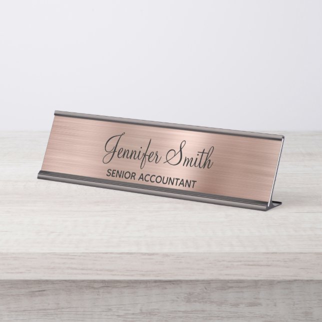 Girly Faux Rose Gold Foil Desk Name Plate (Front)