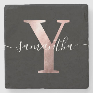Girly Faux Rose Gold Foil Monogram White and Black Stone Coaster
