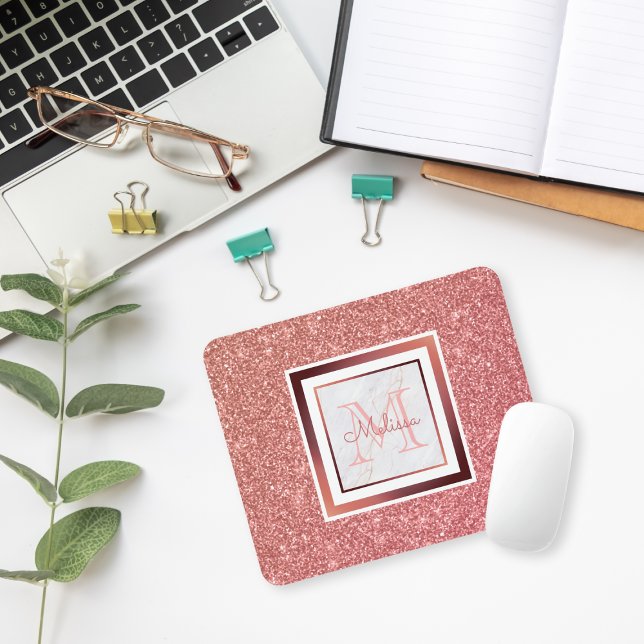 Girly Faux Rose Gold Glitter Monogram Name Mouse Mat (Creator Uploaded)