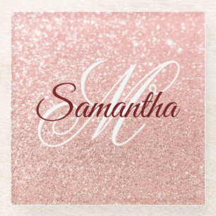 Girly Faux Rose Gold Glitter Monogrammed Glass Coaster