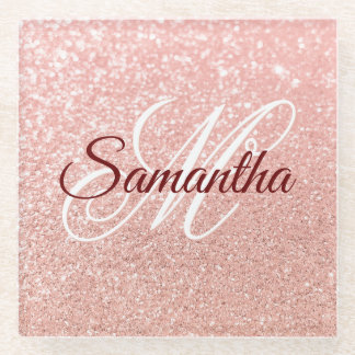 Girly Faux Rose Gold Glitter Monogrammed Glass Coaster