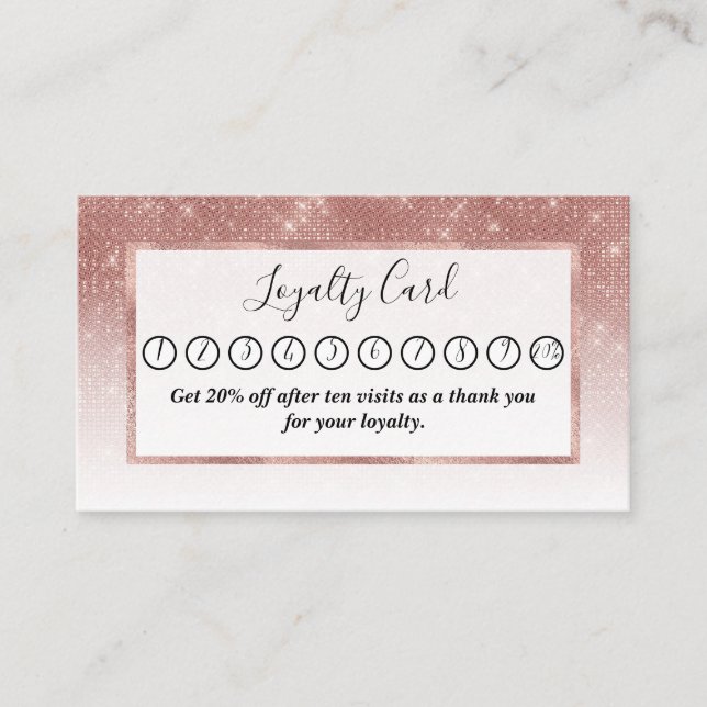 Girly Faux Rose Gold Sequin Glitter White Ombre Loyalty Card (Front)