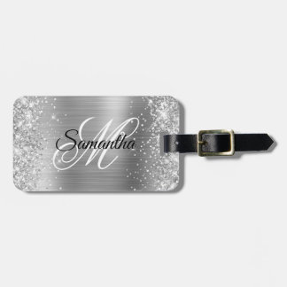Girly Faux Silver Glitter and Shiny Foil Luggage Tag