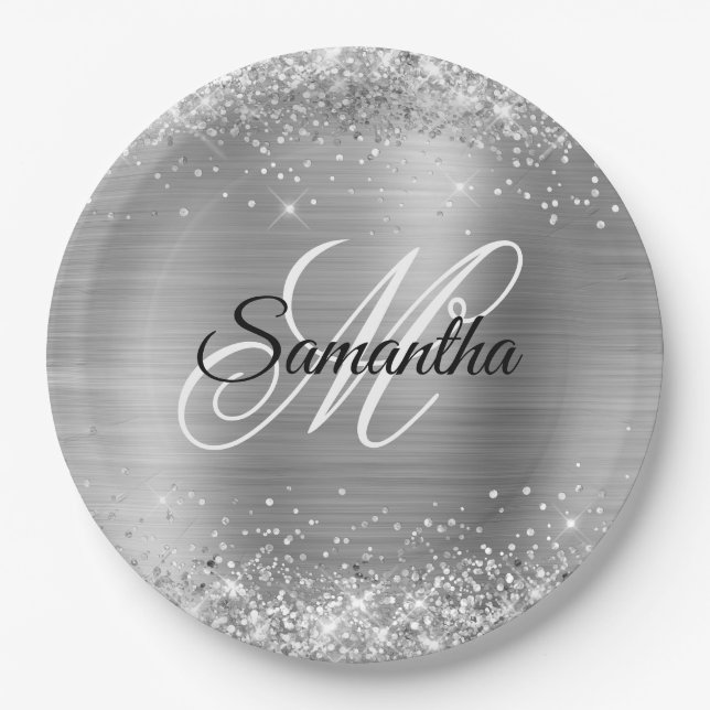 Girly Faux Silver Glittery Foil Monogram Paper Plate (Front)
