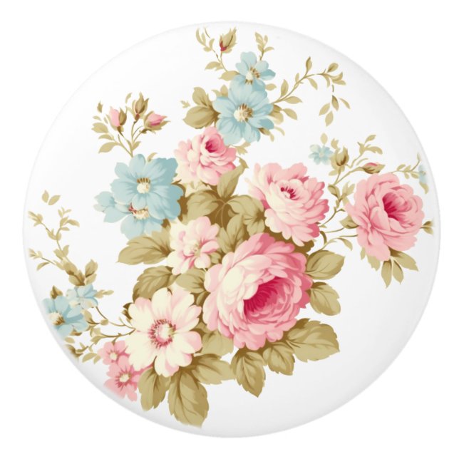 Girly Feminine Vintage Pink Roses Ceramic Knob (Front)