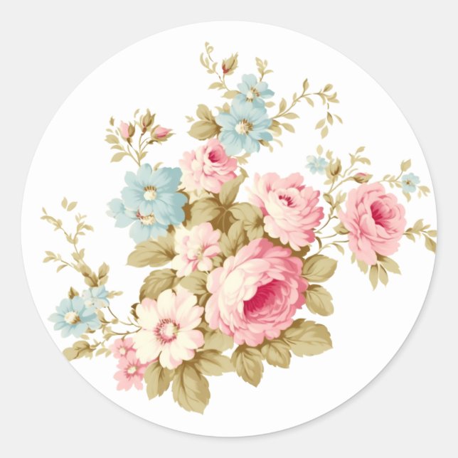 Girly Feminine Vintage Pink Roses Classic Round Sticker (Front)