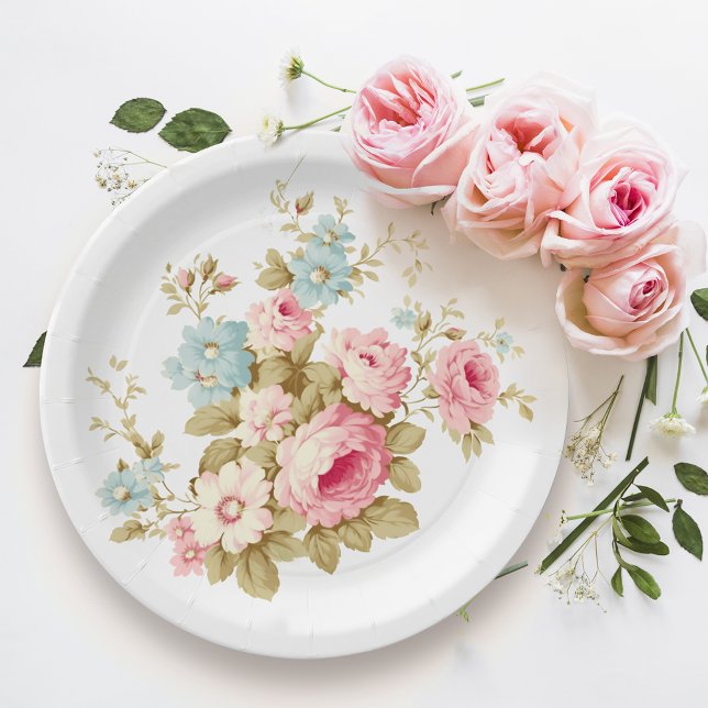 Girly Feminine Vintage Pink Roses Paper Plate (Creator Uploaded)