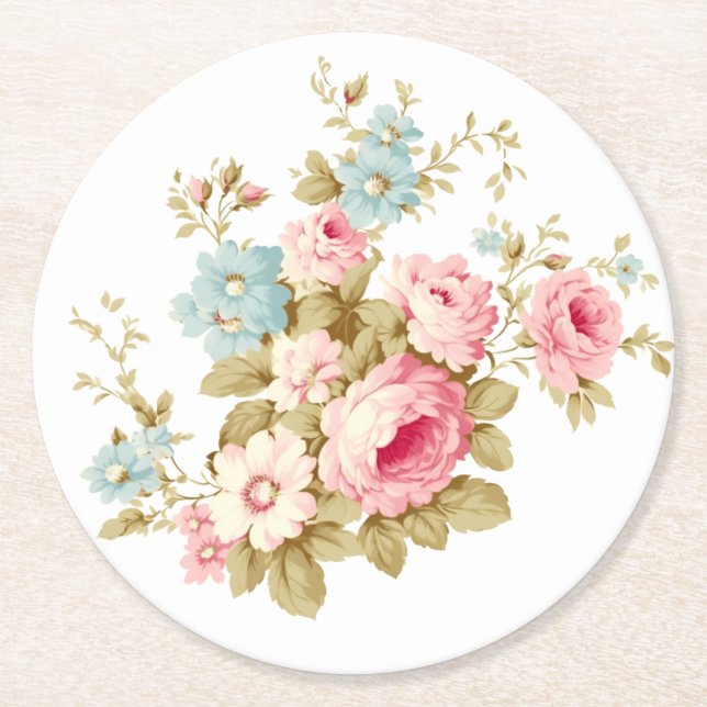 Girly Feminine Vintage Pink Roses Round Paper Coaster (Front)